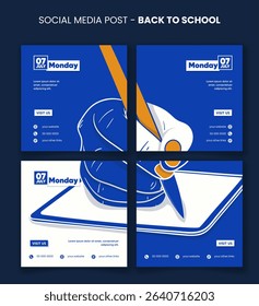 Back to school. Set of social media post template with hand writing on tablet in monochrome design. back to school banner in blue white design