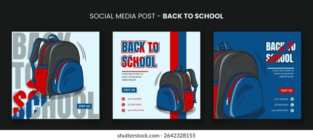 Regreso a la escuela. Conjunto de Plantilla de post de redes sociales con mochila en diseño de fondo vintage. Plantilla de post de Anuncio de regreso a la escuela