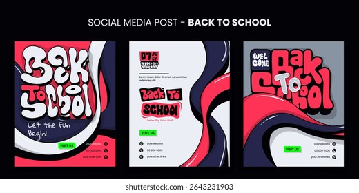 Back to school. Set of social media post template for back to school campaign with waving 3d shape on purple pink white background