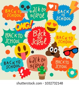 Back to school set of speech bubbles stickers, emoji smile faces, vector illustration.