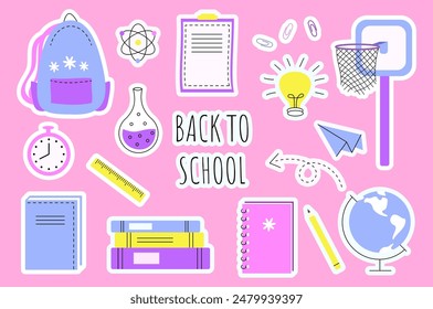 Back to school. Set of school stationery. Hand drawn doodle stickers. Vector illustration.
