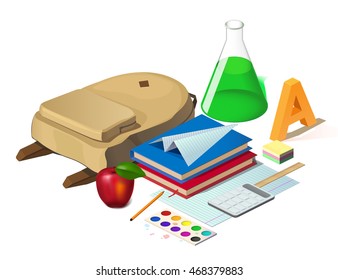 back to school, set of stationery items, items isometrics