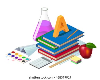 back to school, set of stationery items, items isometrics