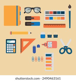 Back to school set of stationery and school supplies in flat style. Collection of isolated educational everyday icons. 1st of September