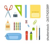Back to school set. Stationery vector illustration set, educational inventory, objects, school supplies, ruler, notebook, pencils, pen, scissors, glue, pencil case, paper clip.