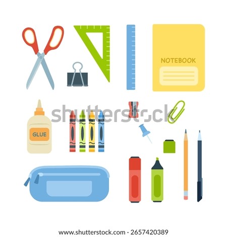 Back to school set. Stationery vector illustration set, educational inventory, objects, school supplies, ruler, notebook, pencils, pen, scissors, glue, pencil case, paper clip.