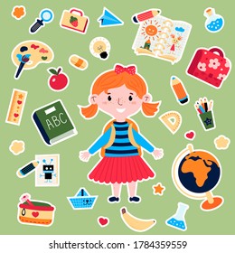 Back to School set of Stickers with Girl in uniform with backpack, lunchbox. Education icons for preschool with stationery such as pencil case, ruler, pen, paintbrush and palette, pink satchel, apple.