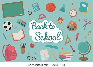 Back to school. A set of stickers with school supplies. Vector illustration. Backpack, chalkboard, globe, book, notebook, pen, marker, soccer ball, pencil, ruler, brush, apple, calculator, paint.