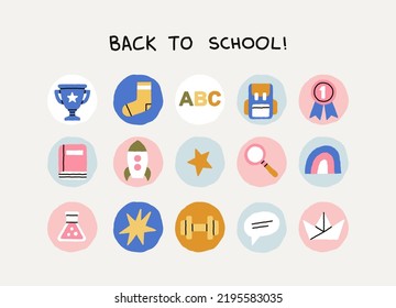 Back To School set of stickers with symbols of school and education. Equipment for different lessons - arts, music, science, sport etc. Icons, highlights.
Hand drawn vector illustration.