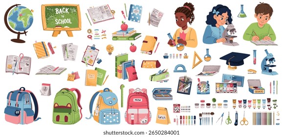 Back to School Set with Students, Backpacks, Art Supplies and Stationery. School supplies in Flat Design for Classroom Decor, Learning Materials and Children's Product Design