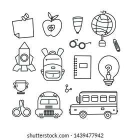 Back to school set with study supplies, bus, globe, space rocket, apple and pen. Simple line design for your promotion