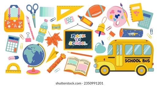 Back to school. Set of study school supplies: backpack, pencils, brushes, paints, ruler, sharpener,  calculator, books,  globe, school bus, sports equipment and bell. Children's cute stationery subjec