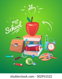 Back to school. Set of school supplies, apple and stack of books. Vector illustration. 