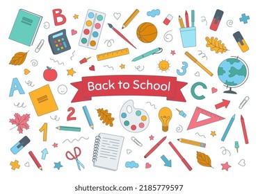 Back to school. A set of school supplies: backpack, pencils, brushes, paints, ruler, calculator, books, globe. Back to school. A set of icons. Cute colorful vector illustration in a flat cartoon style