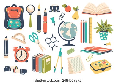 Back to school set. School supplies for children, students. Various hand drawn stationery subjects. Pencils, ruler, marker, backpack, stickers, books, globe. Vector illustration for banner, poster