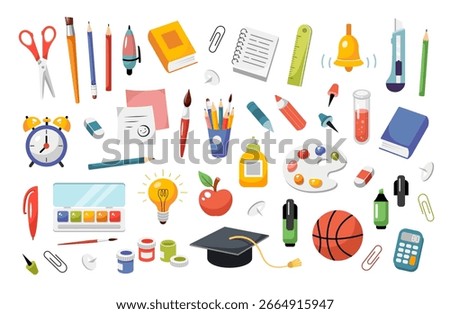 Back to school set. School supplies collection. Cartoon vector illustration. School elements. Study icons isolated on white