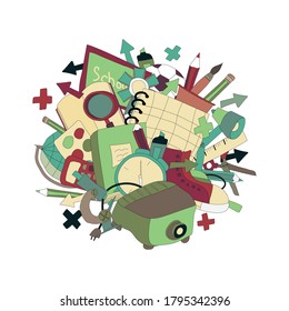 Back to School. Set of school supplies. Design element for the design of leaflets, cards, envelopes, covers, flyers sales. Vector illustration. Hand-Drawn. Flat design.