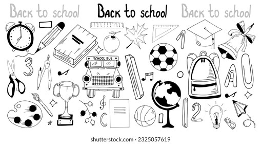 De vuelta a la escuela. Conjunto de materiales escolares en estilo doodle.