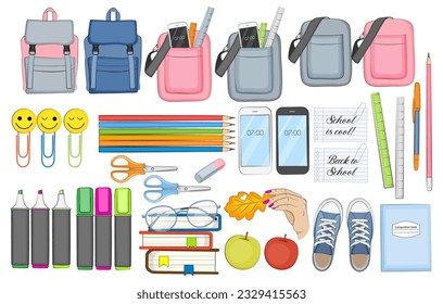 De vuelta al conjunto de suministros escolares. Educación y concepto de clase. Ilustración vectorial.