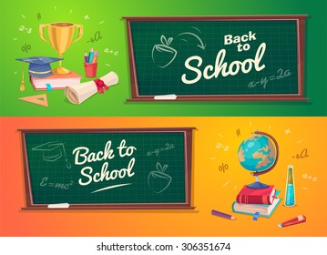 Back to school. Set of school supplies  globus , diplom and cup. Vector illustration. 