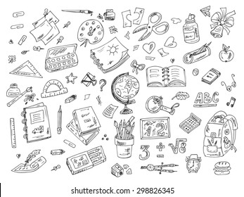 Back to school. Set of school supplies. Hand Drawn Doodles illustration