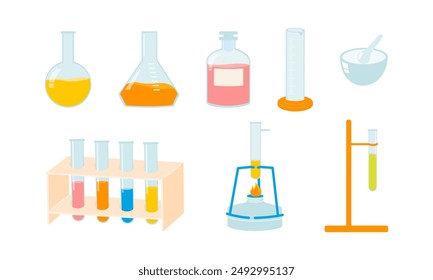 Back to school set with supplies illustrations for chemistry lessons: test tubes, bunsen burner, beaker, graduated cylinder. Colorful elements for school laboratory and science school subject