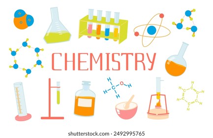 Ilustraciones y letras para las clases de química: tubos de ensayo, quemador bunsen, microscopio, moléculas, átomos. Elementos coloridos para el laboratorio y la ciencia