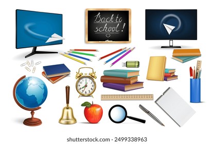 Back to school set of supplies and objects for education in 3D realistic style. Isolated on white background. Vector illustration.