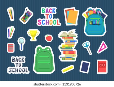 Back to school. Set of school supplies on dark blue background. Vector illustration.