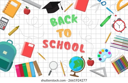 Back to school. Set of school supplies on checkered background. Vector illustration