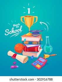 Back to school. Set of school supplies and stack of books. Vector illustration. 