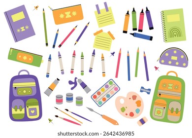 Back to school. Set of school supplies. School stationery: pencil cases, pencils, backpacks, markers, wax crayons, colored pencils and pencils. Vector illustration.