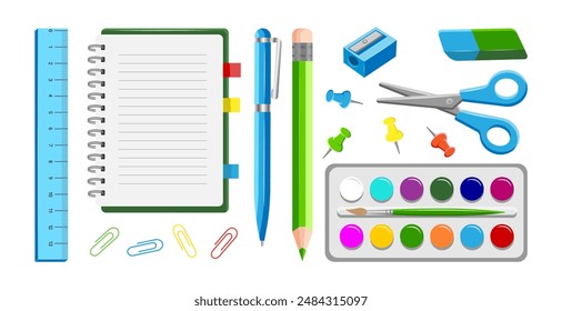 De vuelta a la escuela. Ilustración vectorial de útiles escolares en estilo plano para la escuela. Iconos para el aprendizaje en línea: Bloc de notas, Tijeras, Pintura, Lápiz, Pluma, Borrador, Afilador, Regla, Clip de papel, Clip en blanco