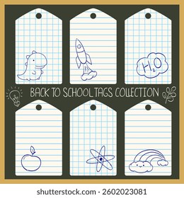 Back to school. Set of tag with cute hand drawn sketches. Collection of label with funny sketch on notebook page. Can be used for scrapbooking, card, tag, sticker. Vector illustration EPS8