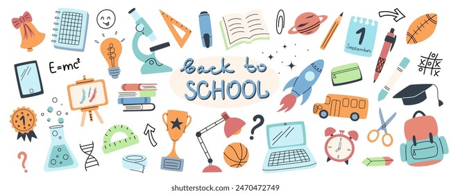 Back to school set. Trendy decorations. Collection of isolated school supplies on a white background. Flat design. Hand drawn. Vector illustration.
