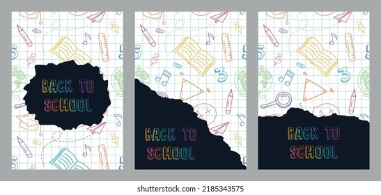 Back to school. Set of trendy hand drawn school elements in doodle style and lettering on a sheet of paper. Torn sheet of paper. Concept of education. Create poster, cover, card, print, banner