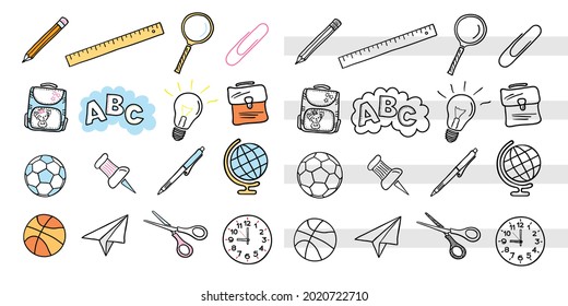 Back to school. Set of various design elements with colored fill and lines. Ruler, pencil, magnifier, paper clip and more. Hand drawing, curved lines. Vector illustration