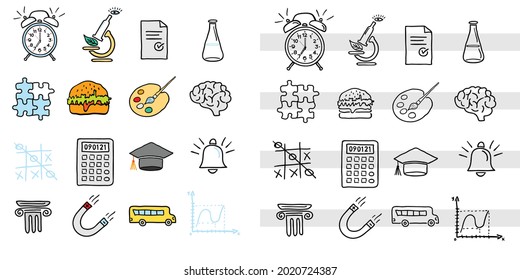 Back to school. Set of various design elements with colored fill and lines. Alarm clock, puzzle, burger, brain and more. Hand drawing, curved lines. Vector illustration.