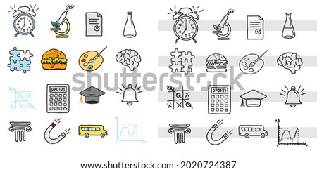 Back to school. Set of various design elements with colored fill and lines. Alarm clock, puzzle, burger, brain and more. Hand drawing, curved lines. Vector illustration.