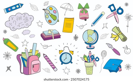 Back to school. Set of various elements for school. Alarm clock, pencils, briefcase, notebook, paints, globe