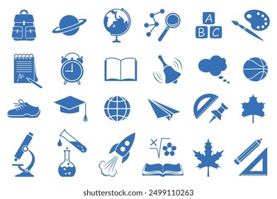 Back to school. Set various icons of education, science and stationery. Collection signs and symbols. The concept of education, school, training. Isolated silhouette. Vector