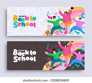 Back to school set vector banner. Cartoon students character in doodle background collection lay out. Vector illustration school design.