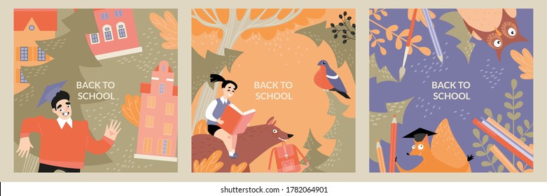 Back to school. Set of vector cards with funny children and animals on an autumn background. Illustrations in cartoon style