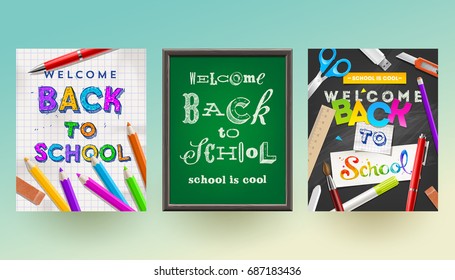 Back to school - set of vector different style greeting card, flyer or poster.