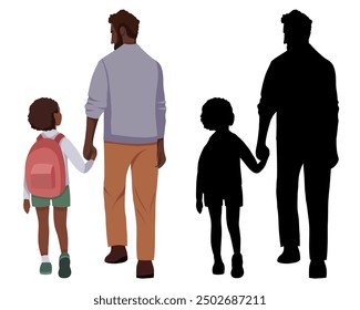 Back to school. Set of vector flat illustration and black silhouette of african father and little daughter walking to school. Father's Day. Family and parental support in education. Single father