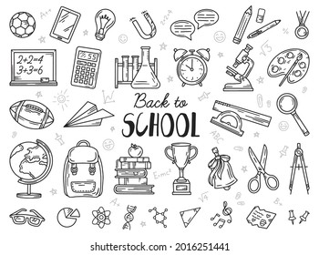 Back to school set of vector icons. A collection of linear elements of education in the doodle style. Objects drawn by hand on the day of knowledge. A ruler, a backpack and a globe.