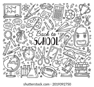 Back to school set of vector icons. A collection of linear elements of education in the doodle style. Objects drawn by hand on the day of knowledge. A ruler, a backpack and a globe.