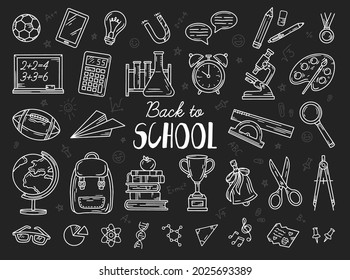 Back to school set of vector icons. A collection of linear elements of education in the doodle style. Objects drawn by hand on a blackboard on the day of knowledge. A ruler, a backpack and a globe.
