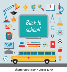 Back to school - set of vector icons in flat style for creative design projects. Collection of signs illustrations on the education and learning themes. 