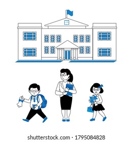 Back to School, set. Vector illustration for poster, flyer or banner, web page with school building, schoolboy and scholgirl, teacher